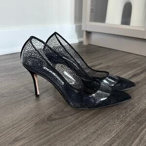 Manolo Blahnik Pachana Black Suede Spot Print Clear PVC Heeled Pumps 37.5 Point